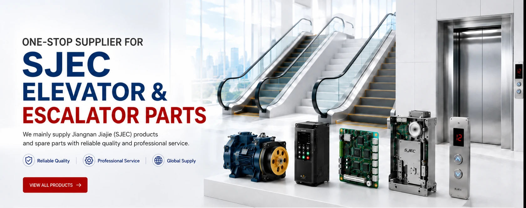 SJEC elevator and escalator spare parts displayed beside modern lift equipment